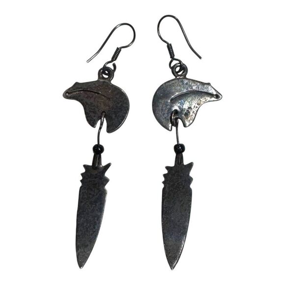 Vintage Sterling Silver Fetish Bear & Feather Dangle Earrings With Tribal Design - Picture 7 of 9